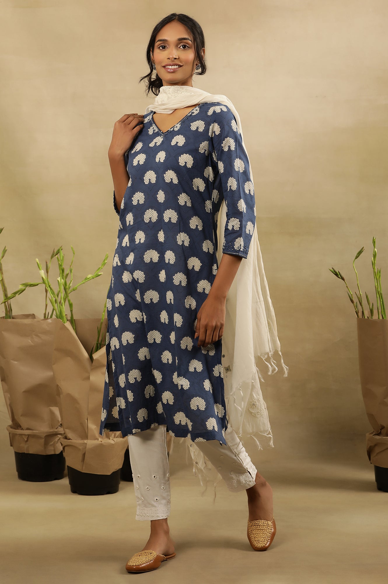 Dark Blue Dabu Block Printed V-Neck Kurta