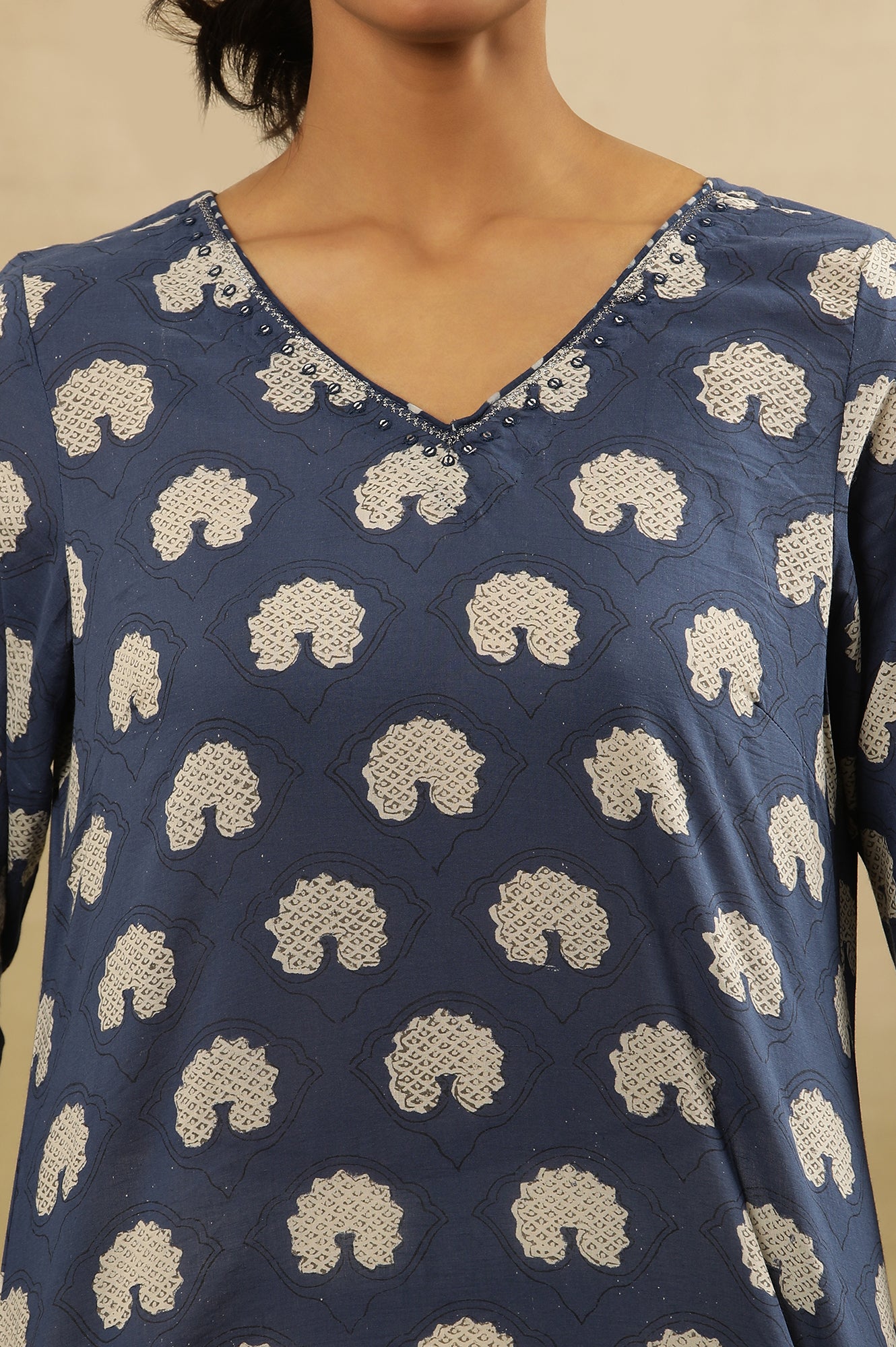 Dark Blue Dabu Block Printed V-Neck Kurta