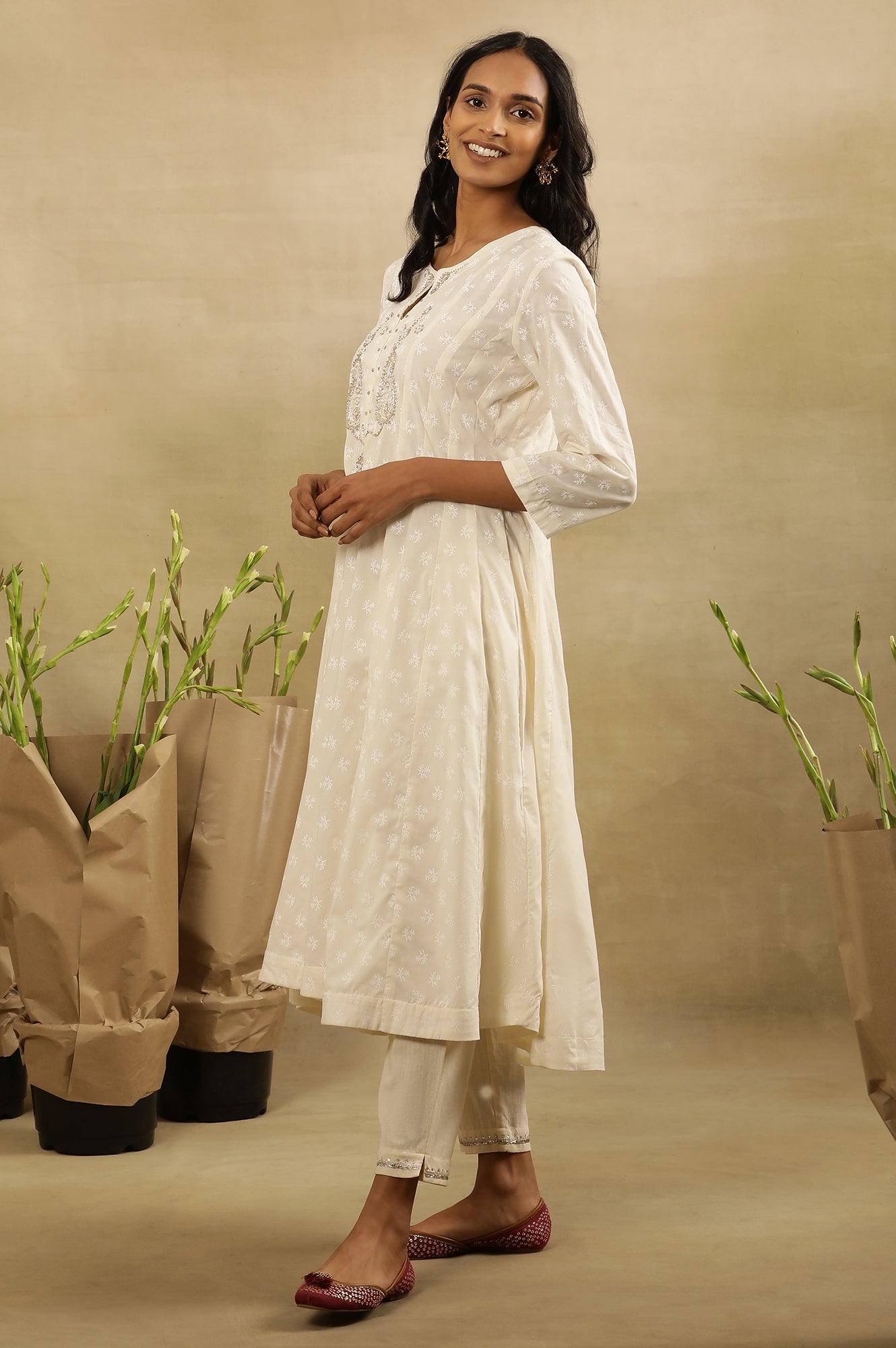 White Beadwork Panelled Kurta In Cotton Voile