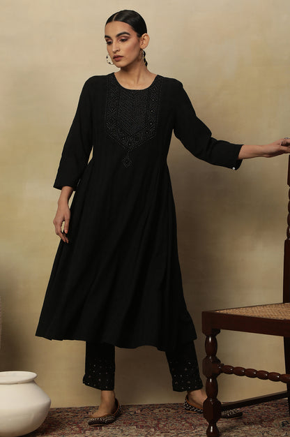 Black Beadwork Embroidery Kurta In Textured Cotton