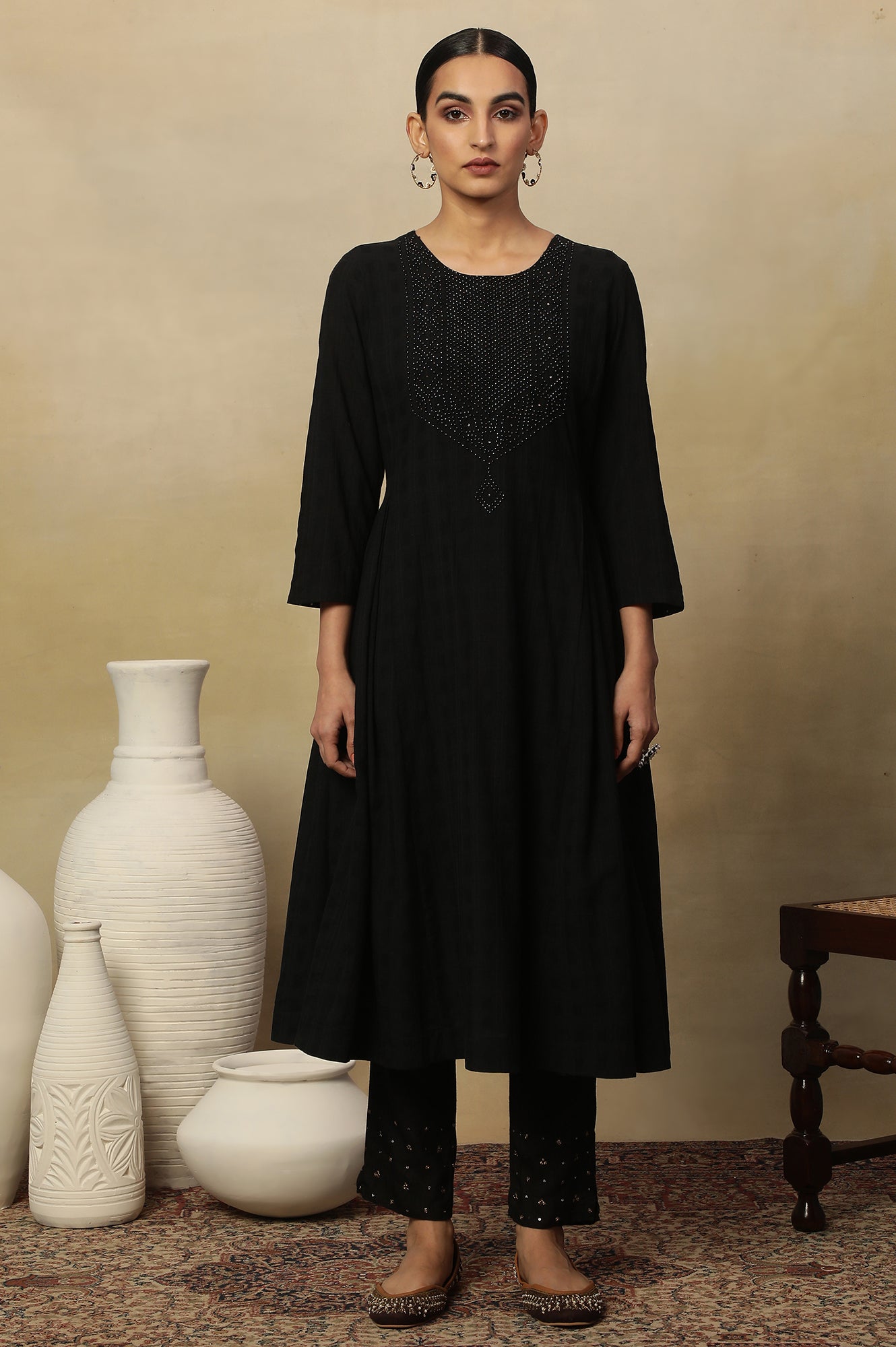 Black Beadwork Embroidery Kurta In Textured Cotton