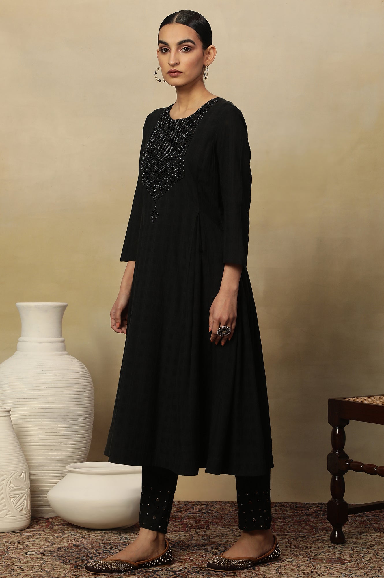 Black Beadwork Embroidery Kurta In Textured Cotton