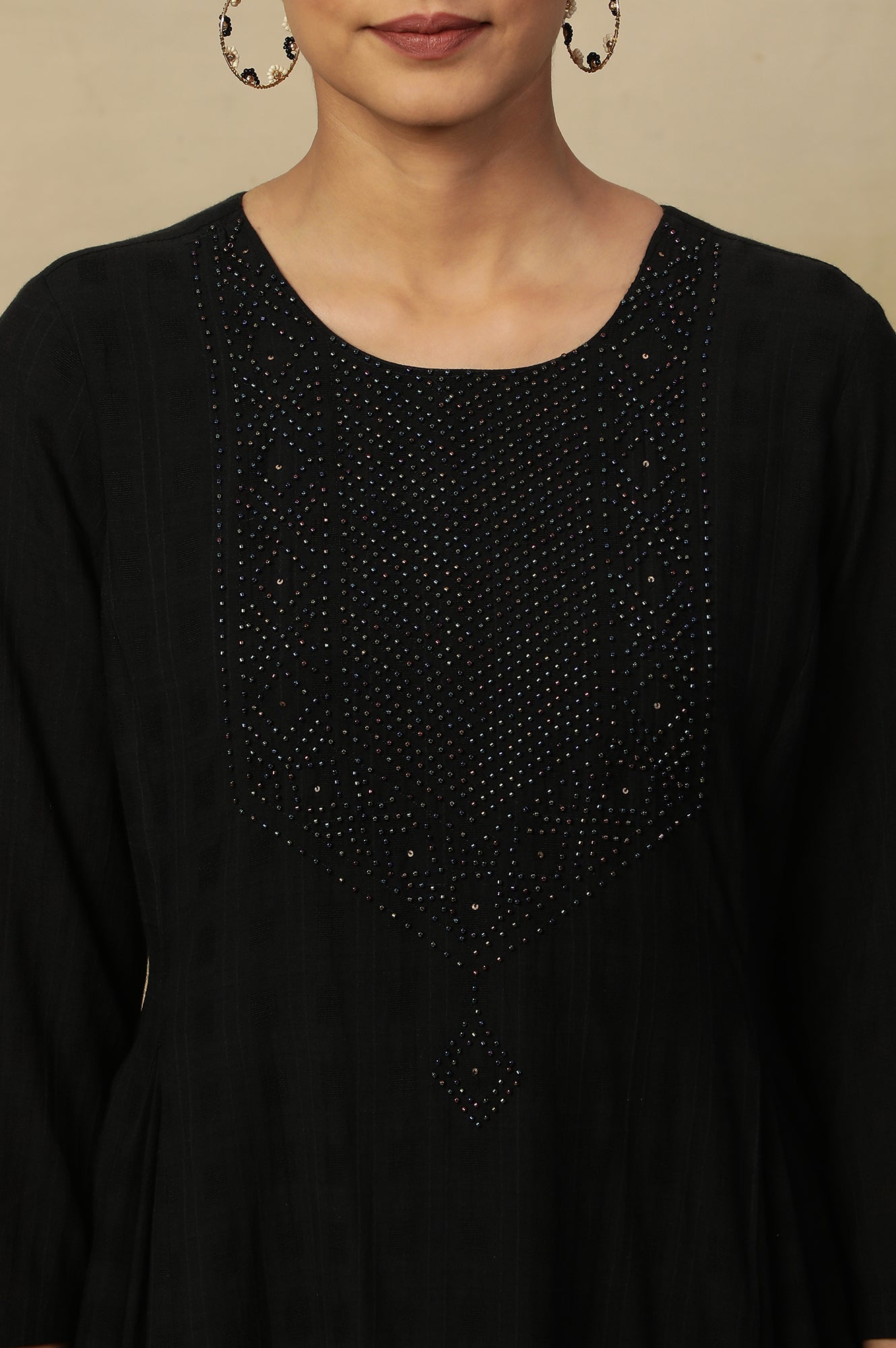 Black Beadwork Embroidery Kurta In Textured Cotton