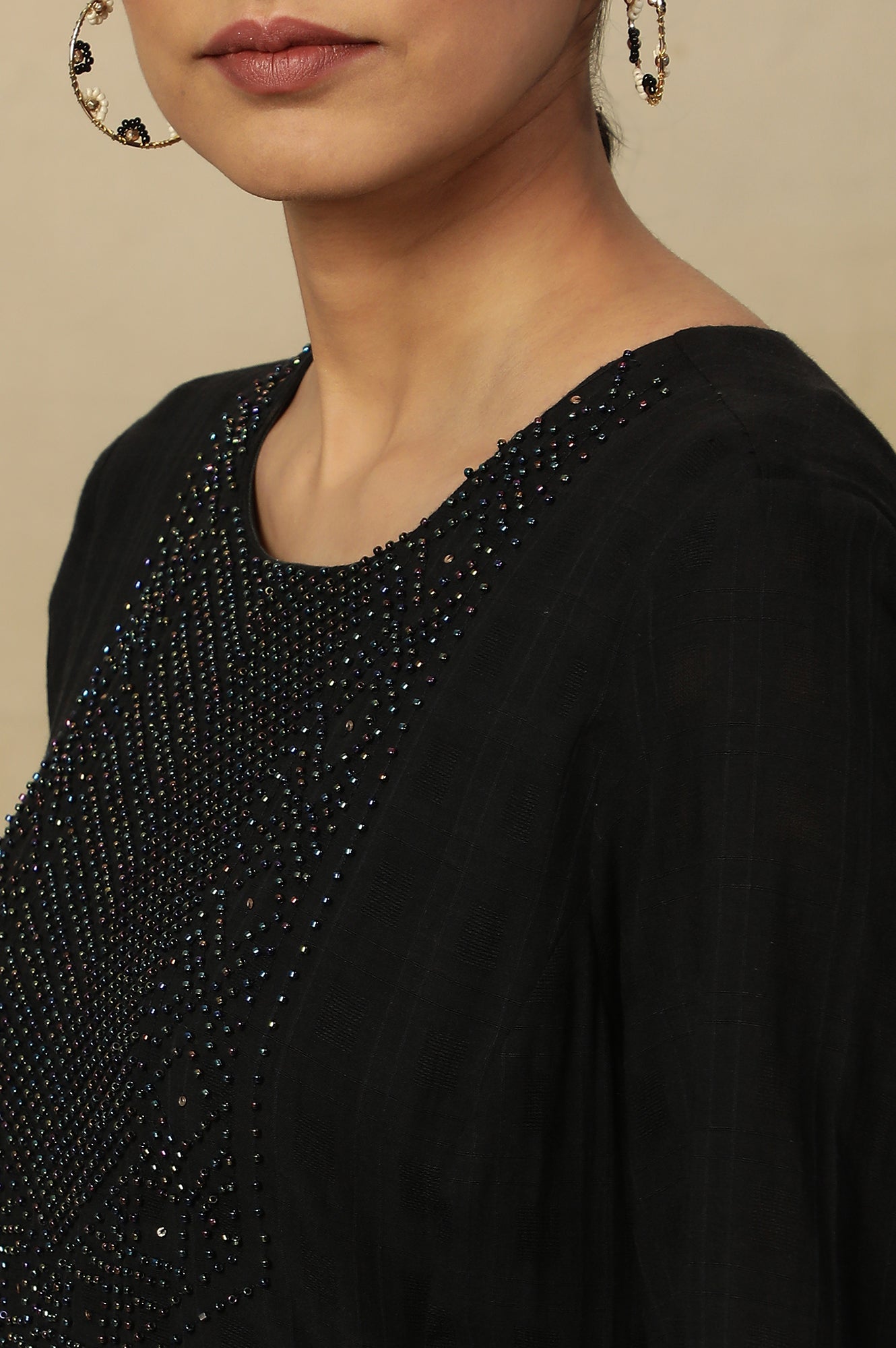 Black Beadwork Embroidery Kurta In Textured Cotton