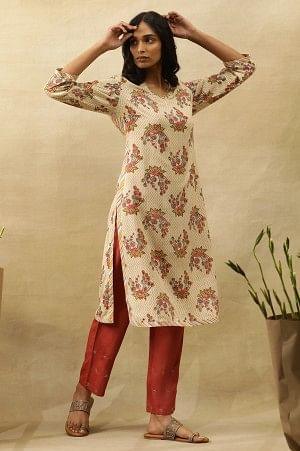 Beige V-Neck Buti Block Printed Kurta - wforwoman