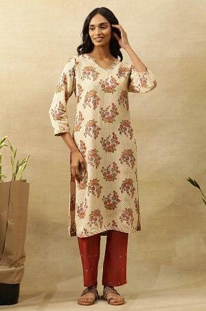 Beige V-Neck Buti Block Printed Kurta - wforwoman