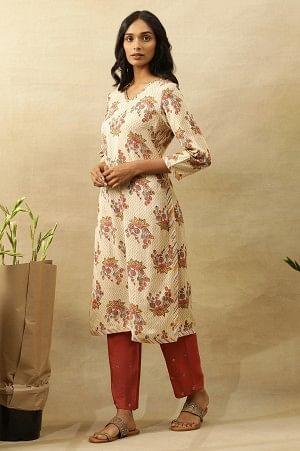 Beige V-Neck Buti Block Printed Kurta - wforwoman