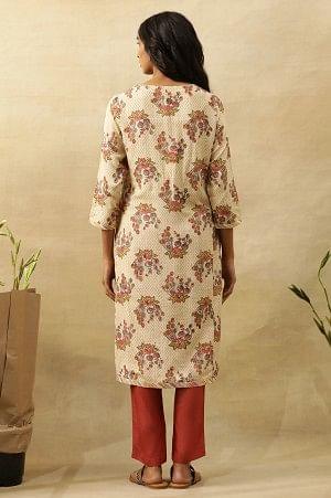 Beige V-Neck Buti Block Printed Kurta - wforwoman