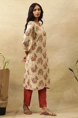 Beige V-Neck Buti Block Printed Kurta - wforwoman