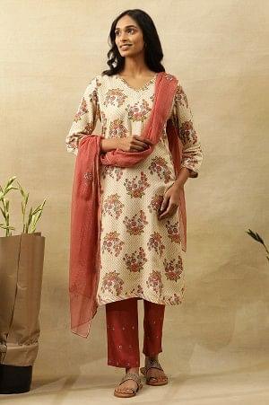 Beige V-Neck Buti Block Printed Kurta - wforwoman