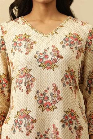 Beige V-Neck Buti Block Printed Kurta - wforwoman