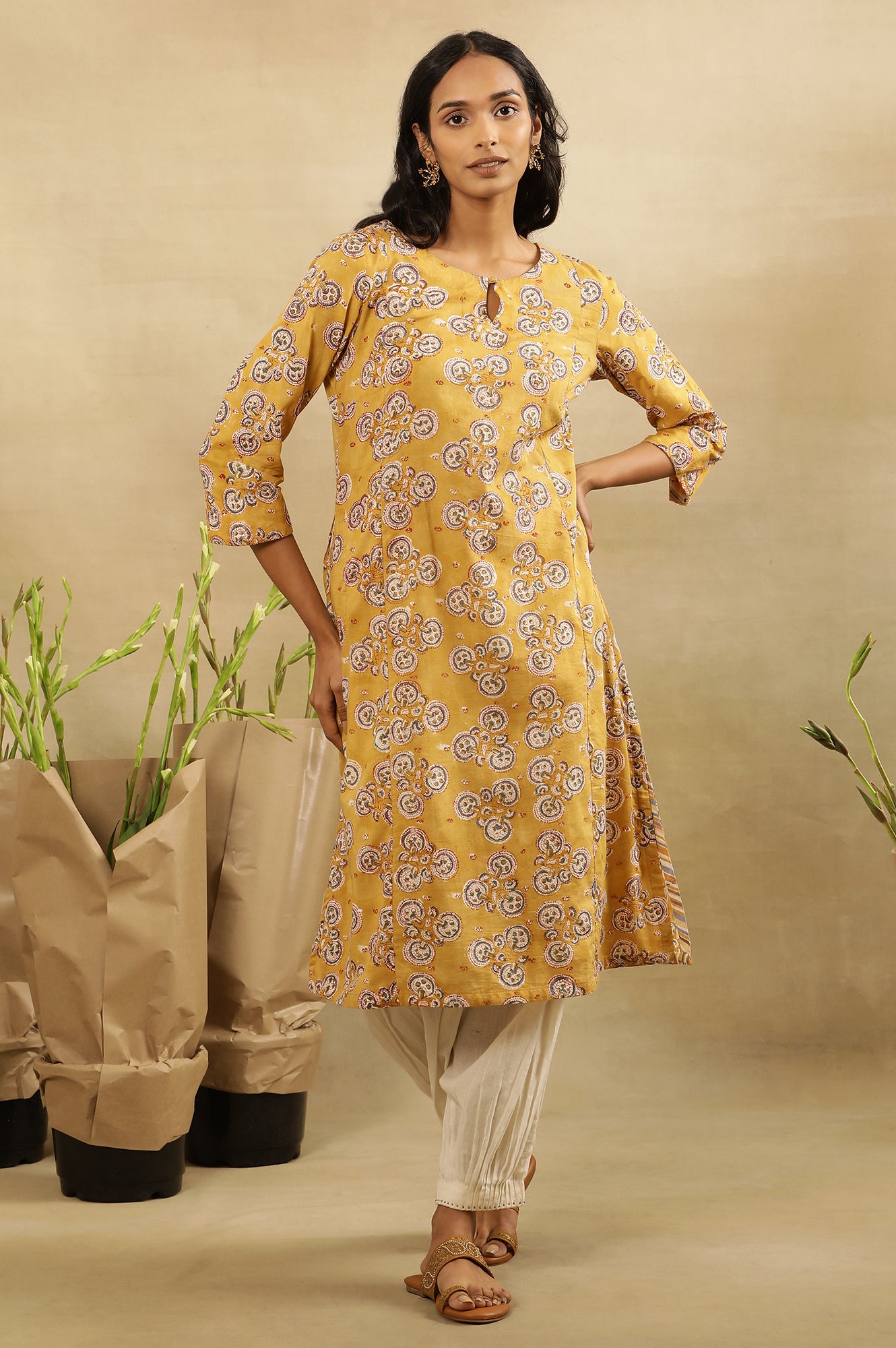 Mustard Block Printed Kurta  In Cotton Voile