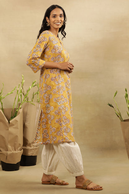 Mustard Block Printed Kurta  In Cotton Voile