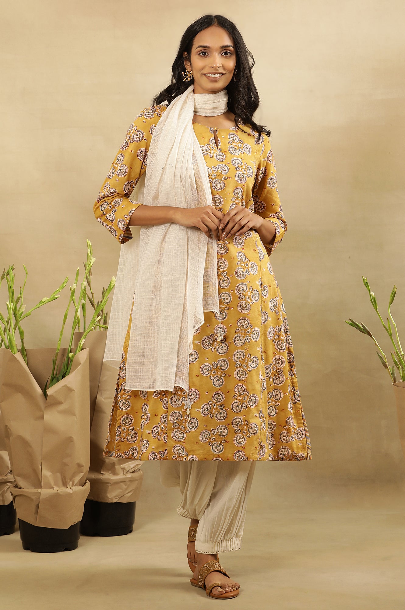 Mustard Block Printed Kurta  In Cotton Voile