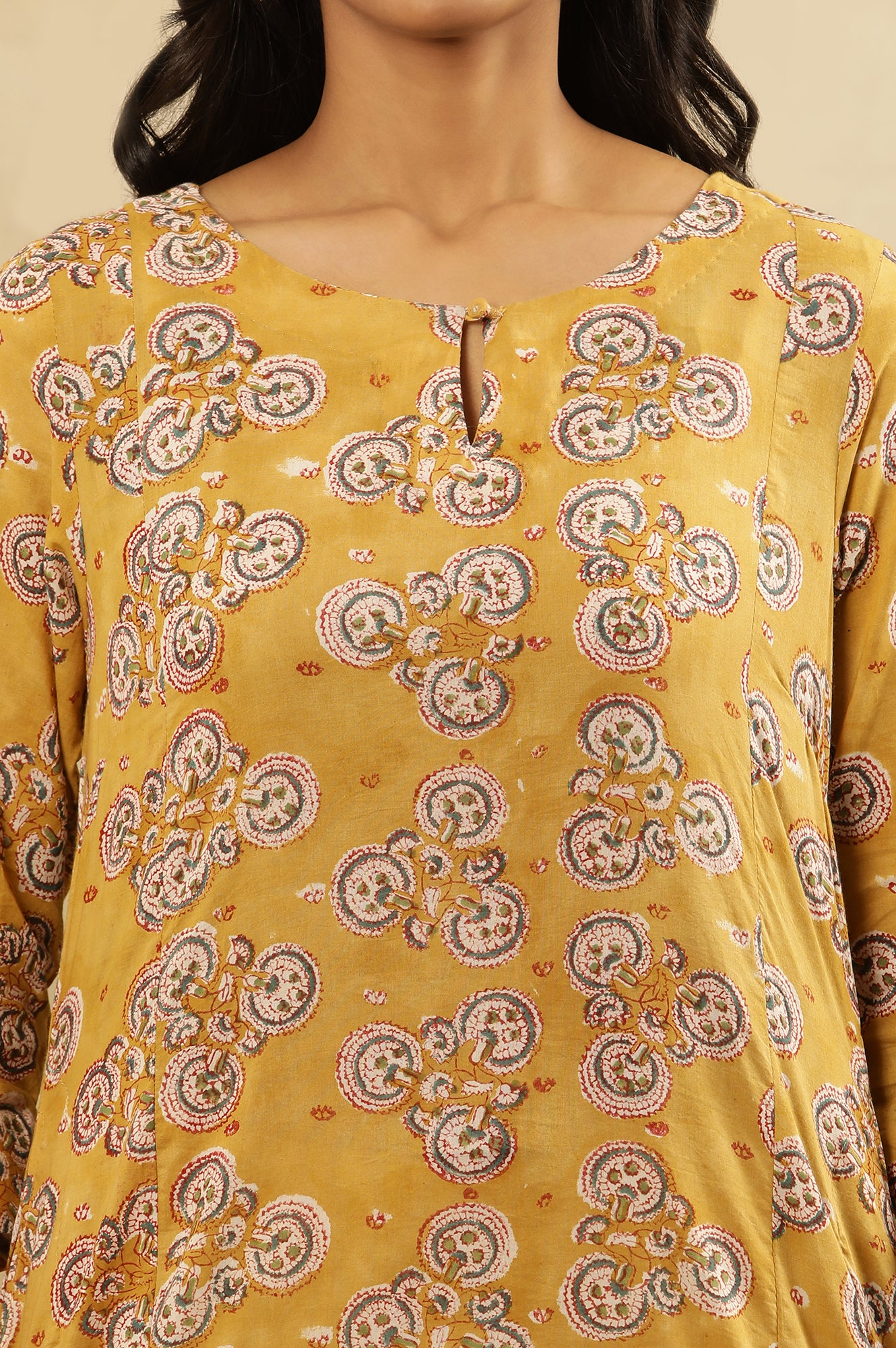 Mustard Block Printed Kurta  In Cotton Voile