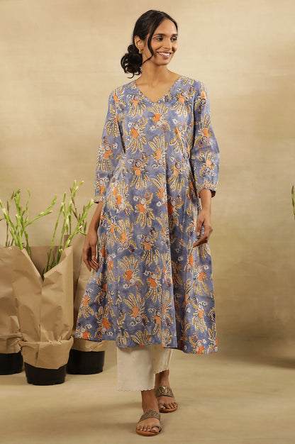 Multicoloured Block Printed V-Neck Kurta