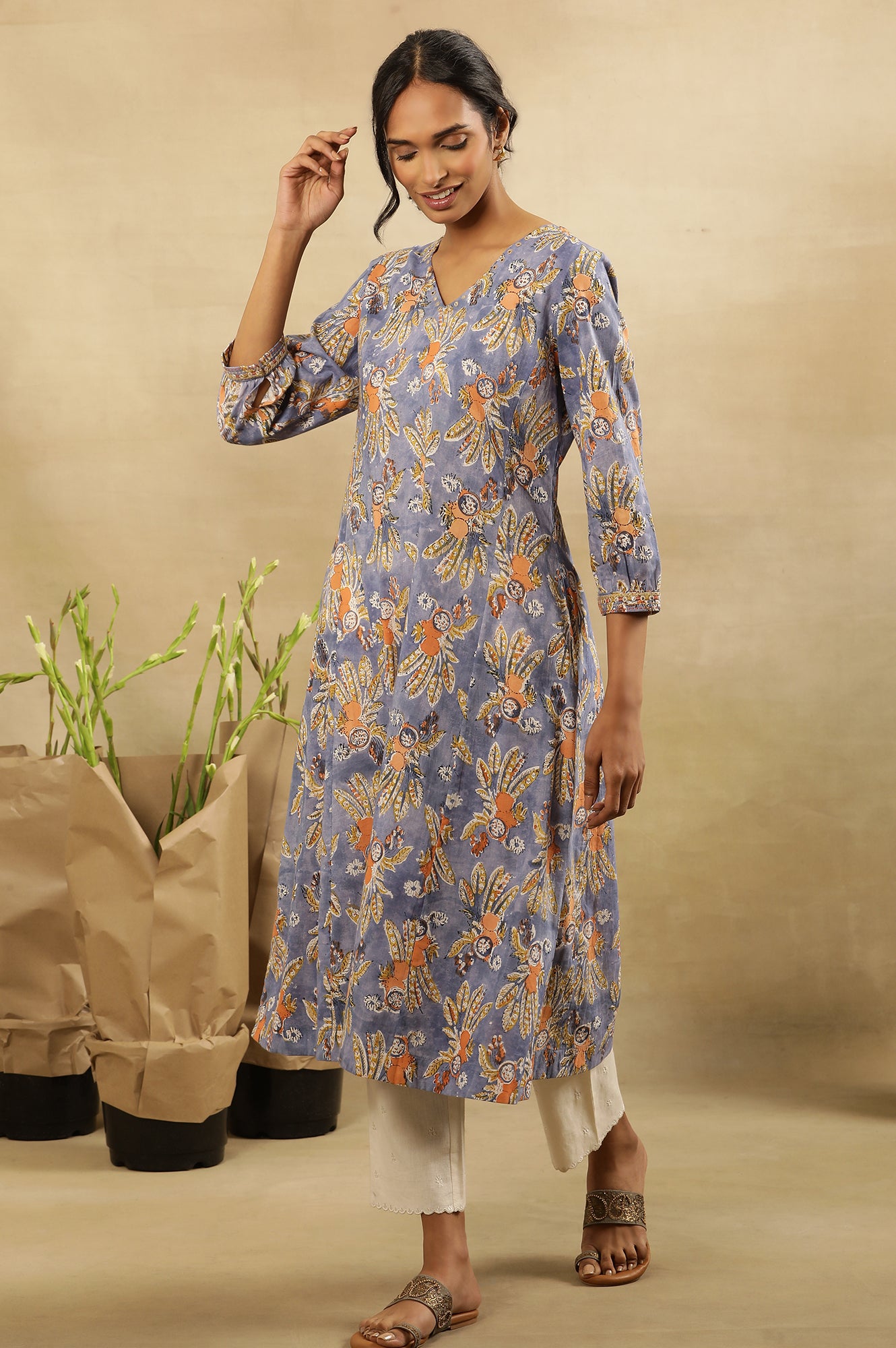 Multicoloured Block Printed V-Neck Kurta