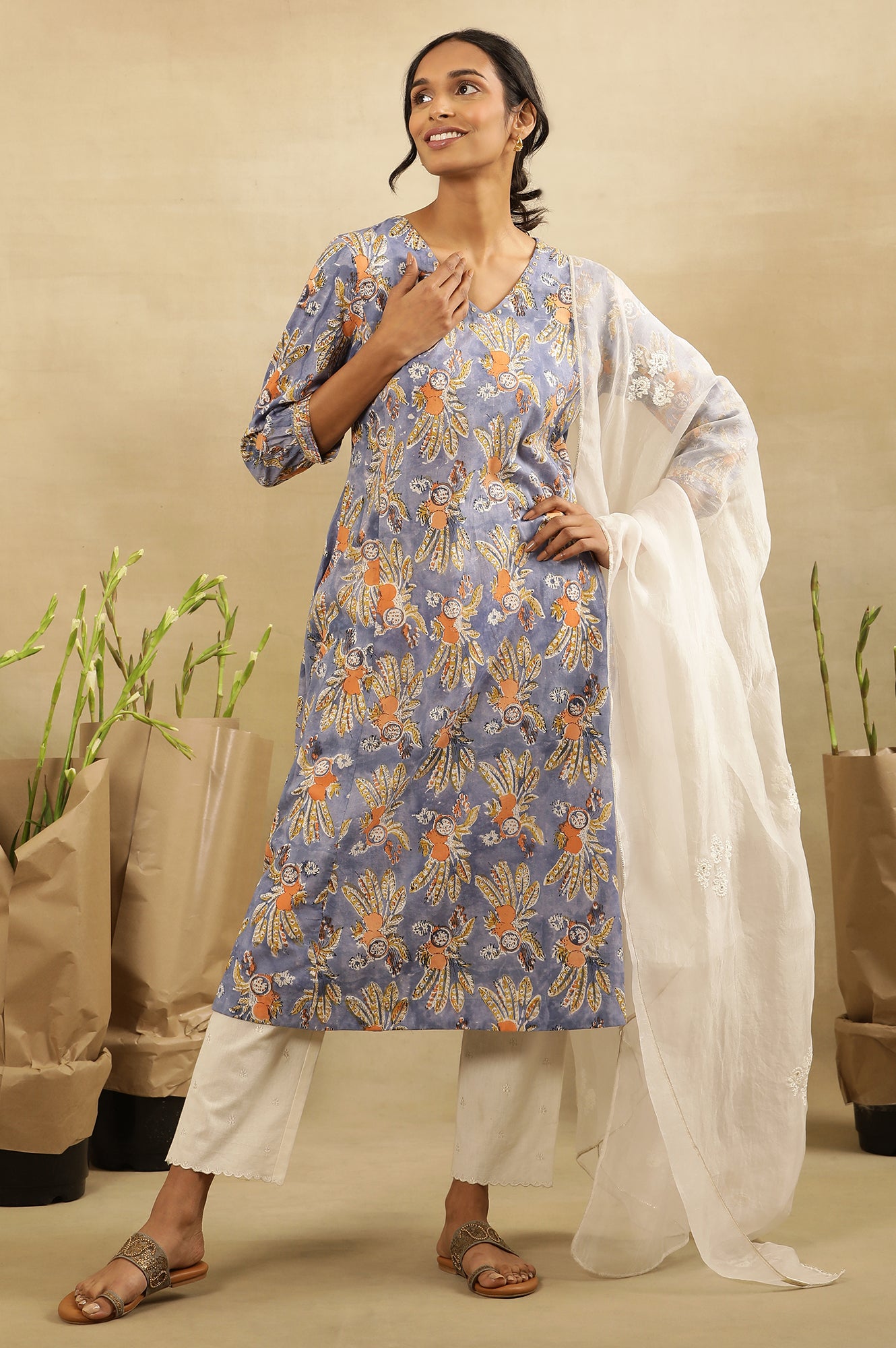 Multicoloured Block Printed V-Neck Kurta