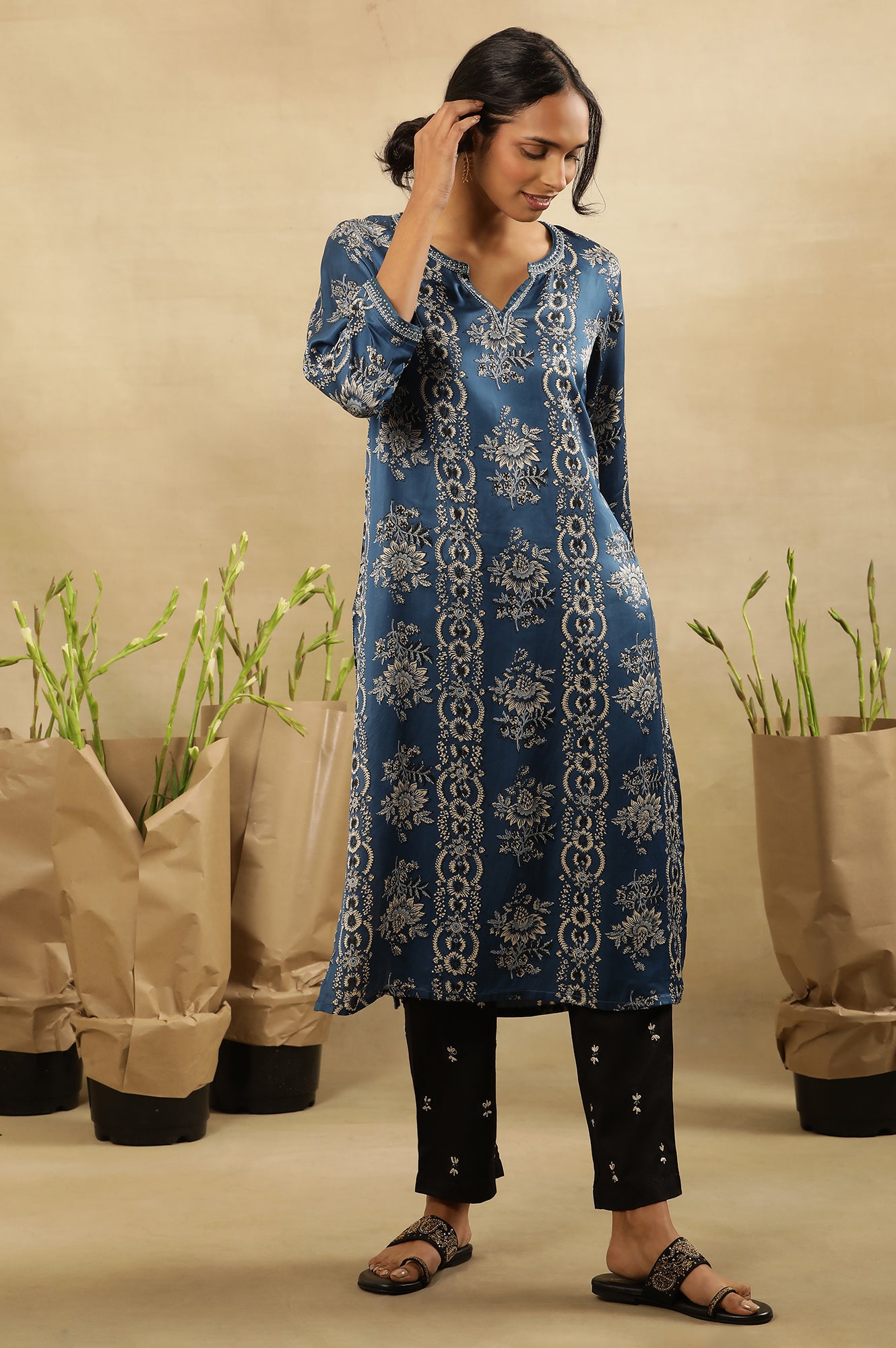 Blue Floral Ajrakh Kurta In Lustrous Satin