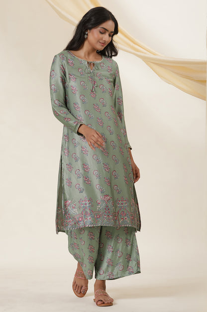 Green Block Printed Kurta In Lustrous Satin