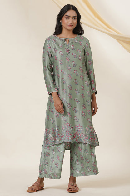 Green Block Printed Kurta In Lustrous Satin