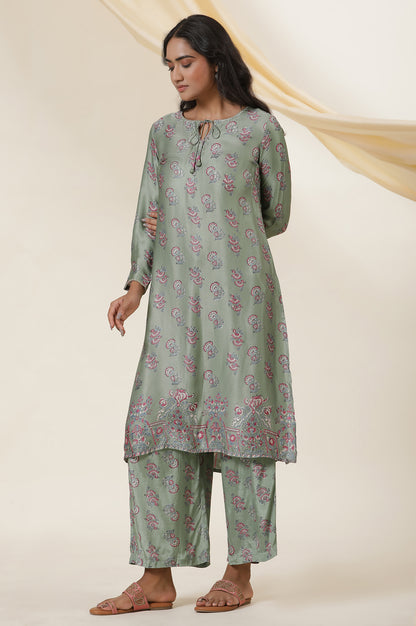 Green Block Printed Kurta In Lustrous Satin