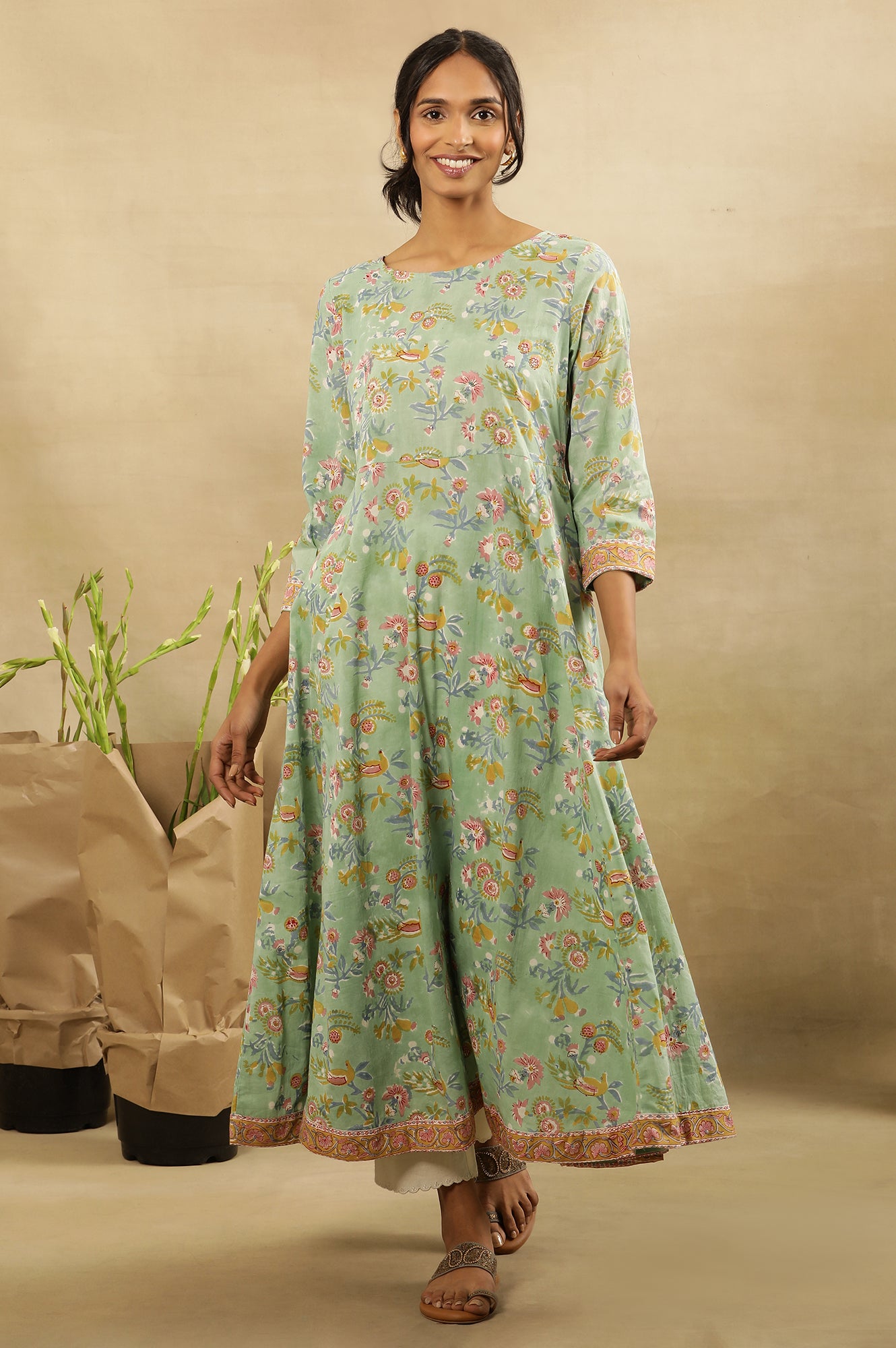 Green Block Printed Round Neck  Flared  Kurta