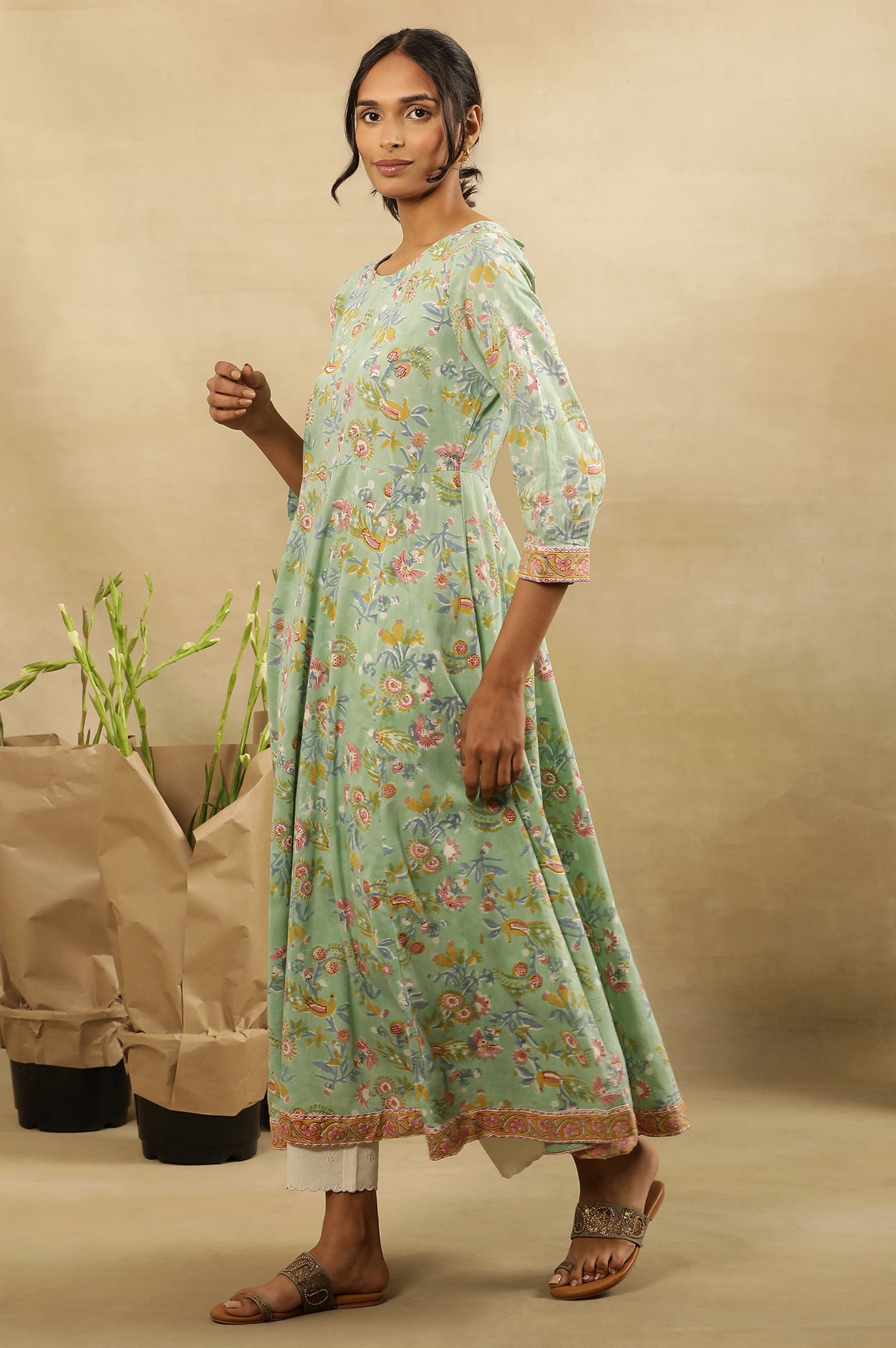 Green Block Printed Round Neck  Flared  Kurta