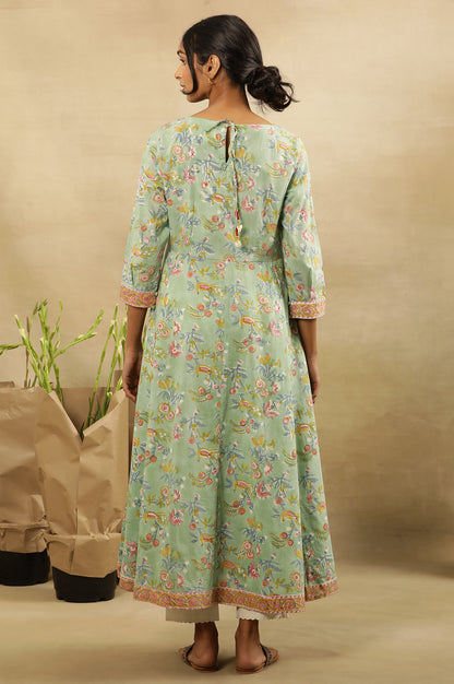 Green Block Printed Round Neck  Flared  Kurta