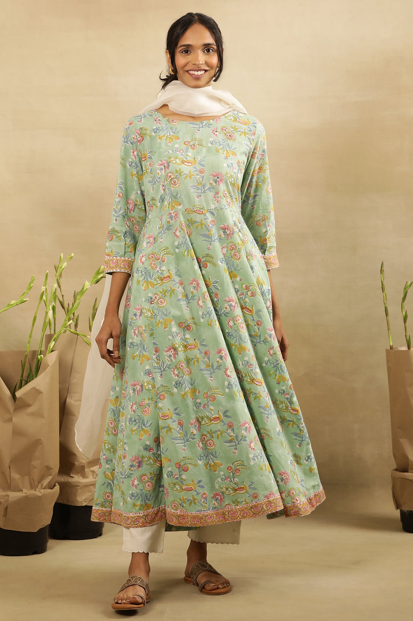 Green Block Printed Round Neck  Flared  Kurta