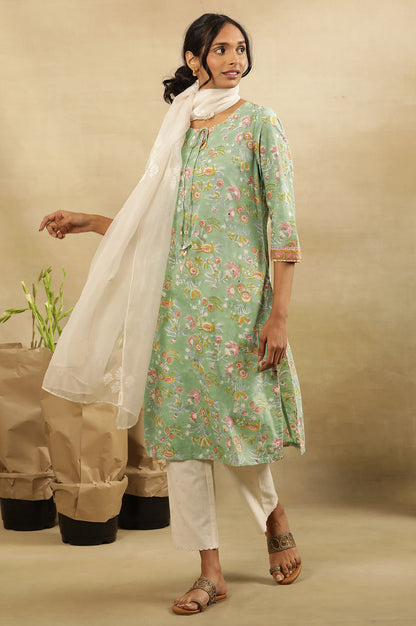 Green Block Printed Kurta With Neck Tie-Up