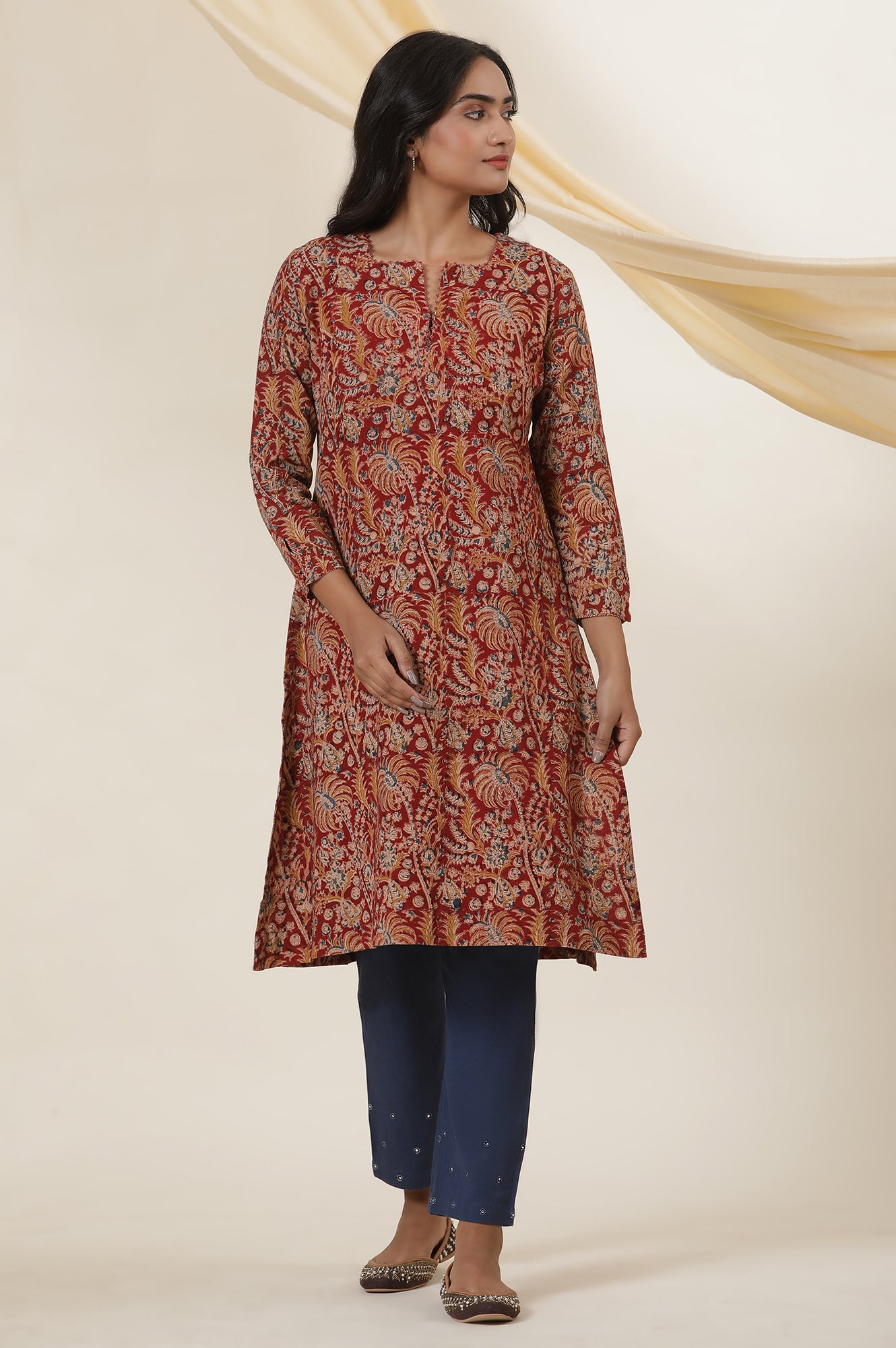 Red Block Printed Kurta In Cotton Flax