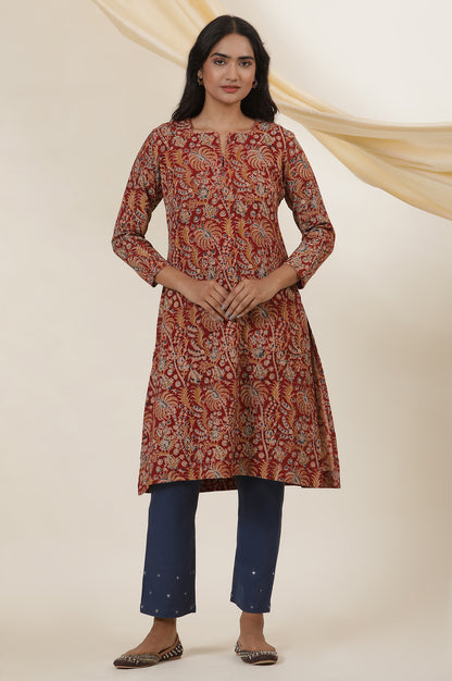 Red Block Printed Kurta In Cotton Flax