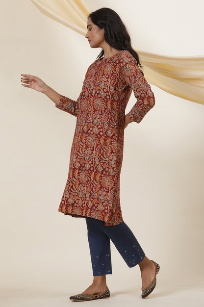 Red Block Printed Kurta In Cotton Flax