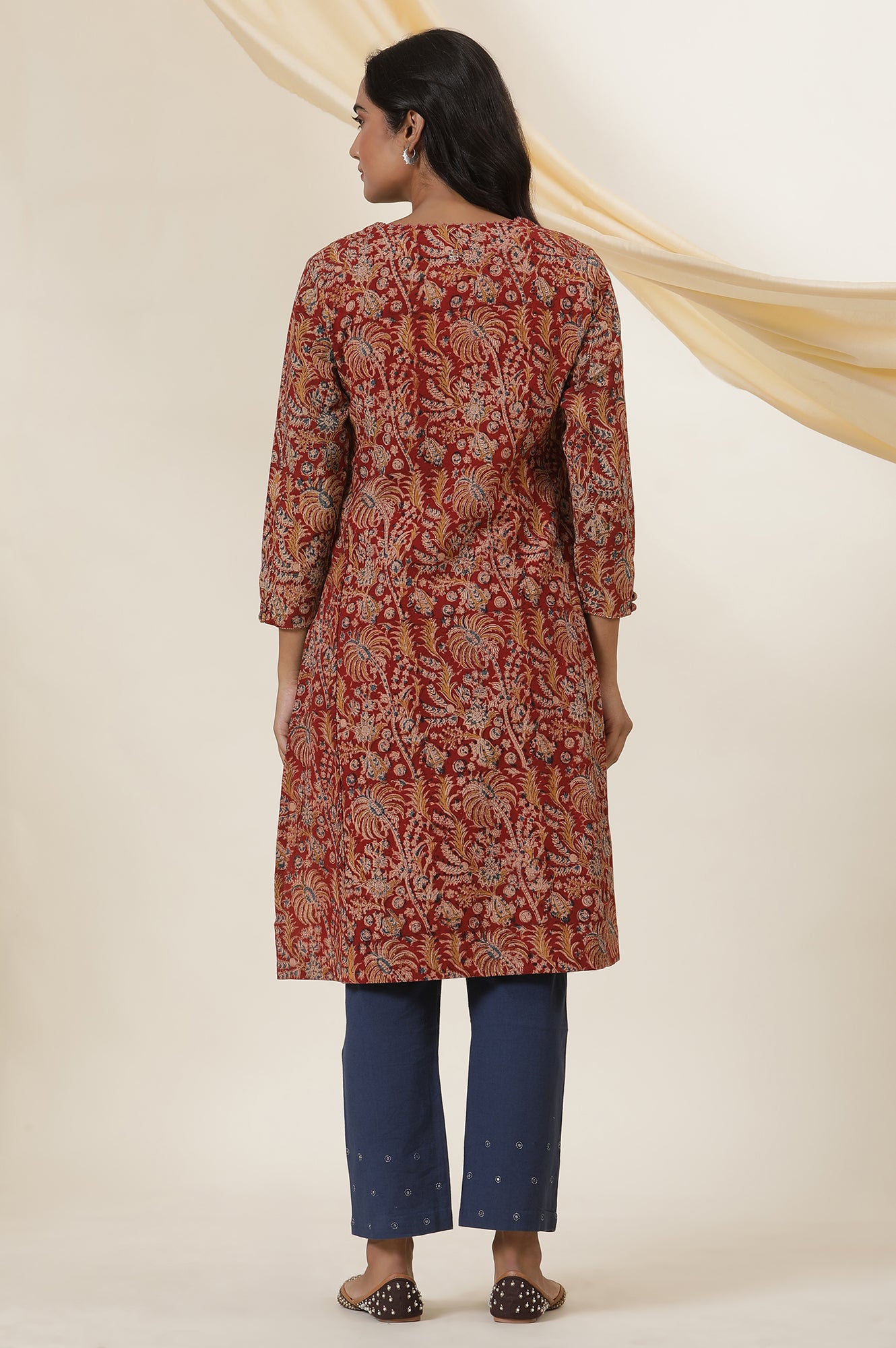 Red Block Printed Kurta In Cotton Flax