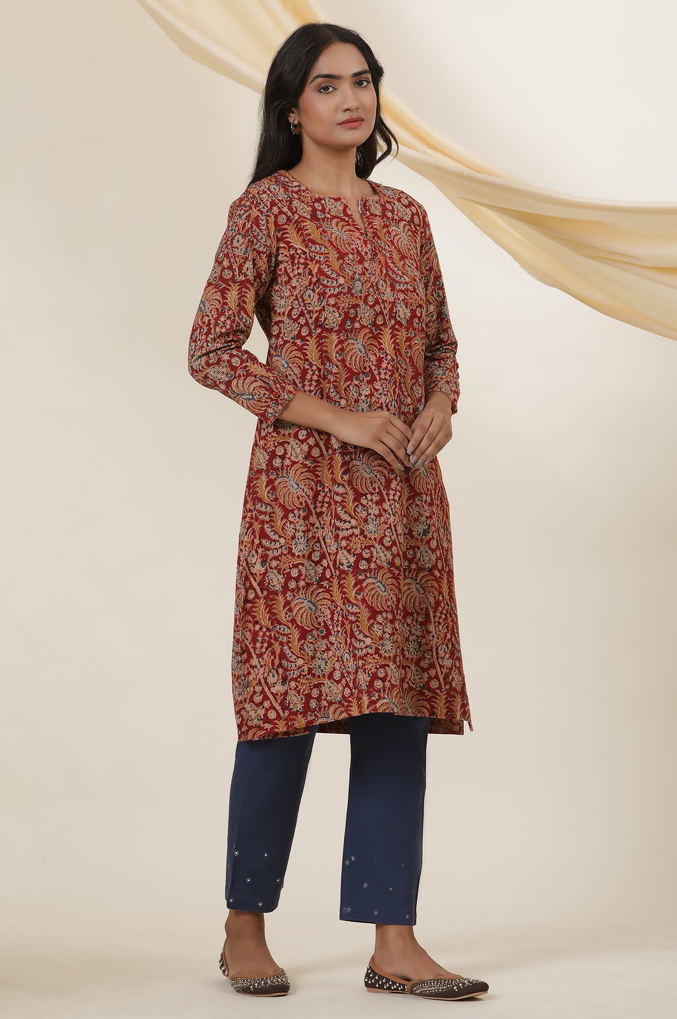 Red Block Printed Kurta In Cotton Flax