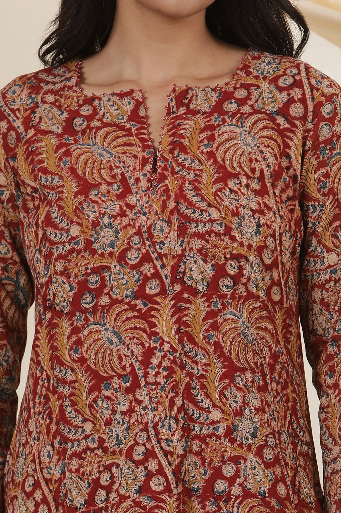 Red Block Printed Kurta In Cotton Flax