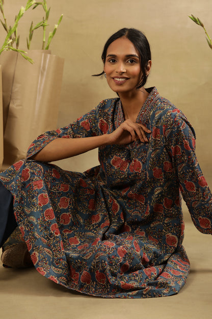 Blue &amp; Red Block Print  V-Neck Panelled Kurta