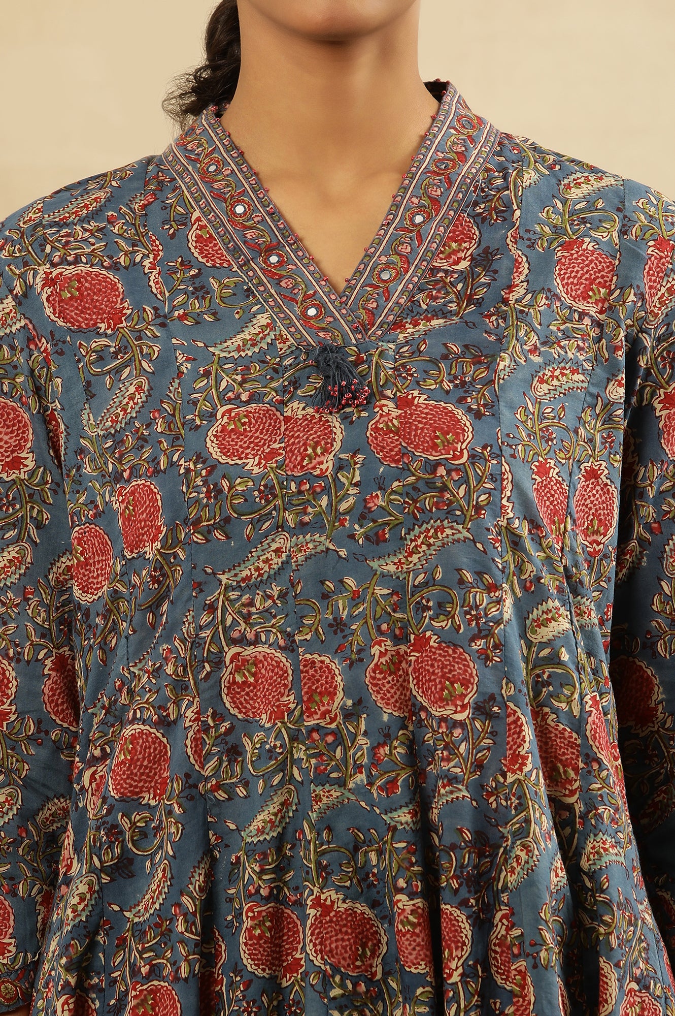 Blue &amp; Red Block Print  V-Neck Panelled Kurta