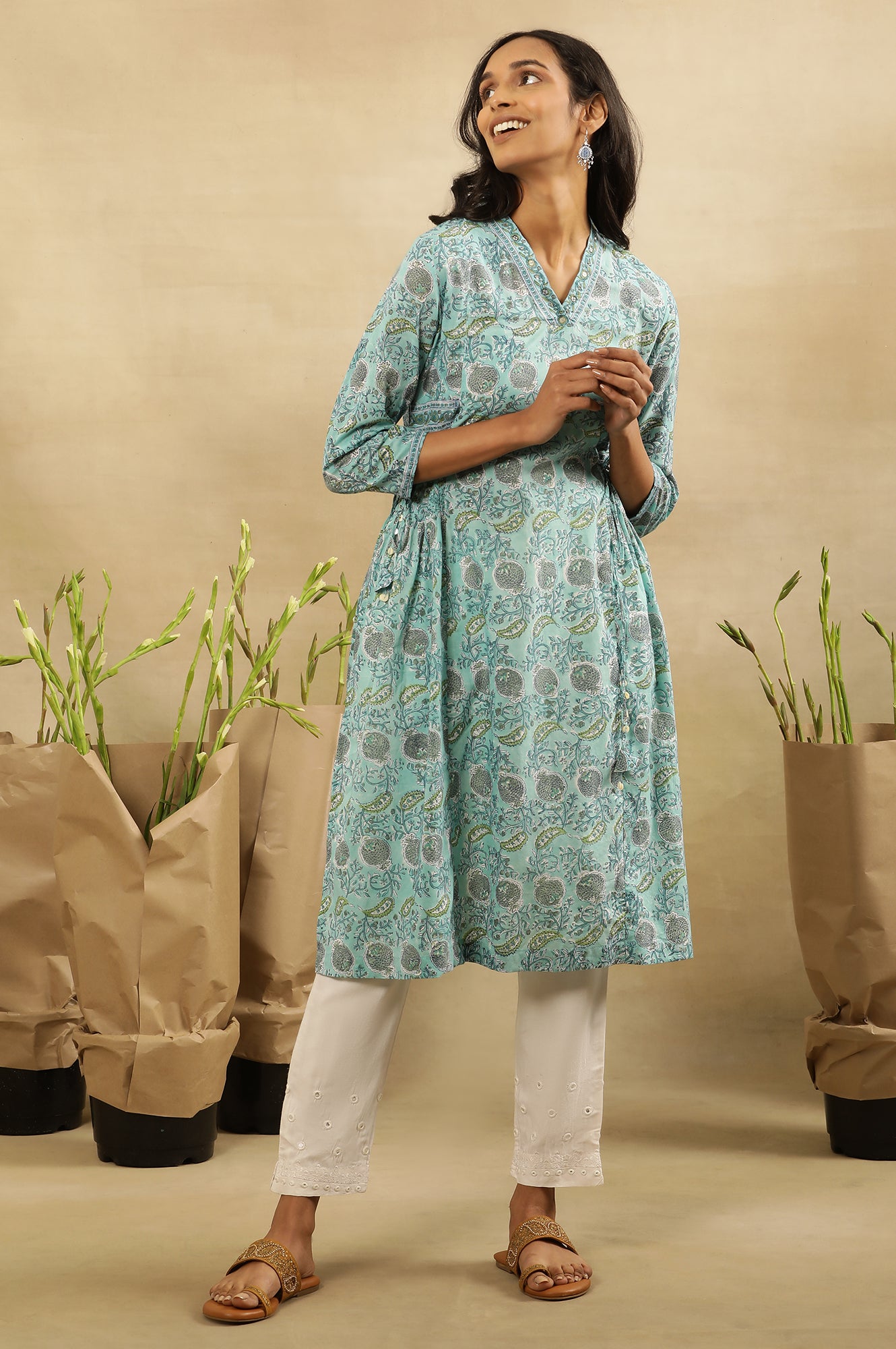 Blue Block Printed Kurta With Side Tie-Ups