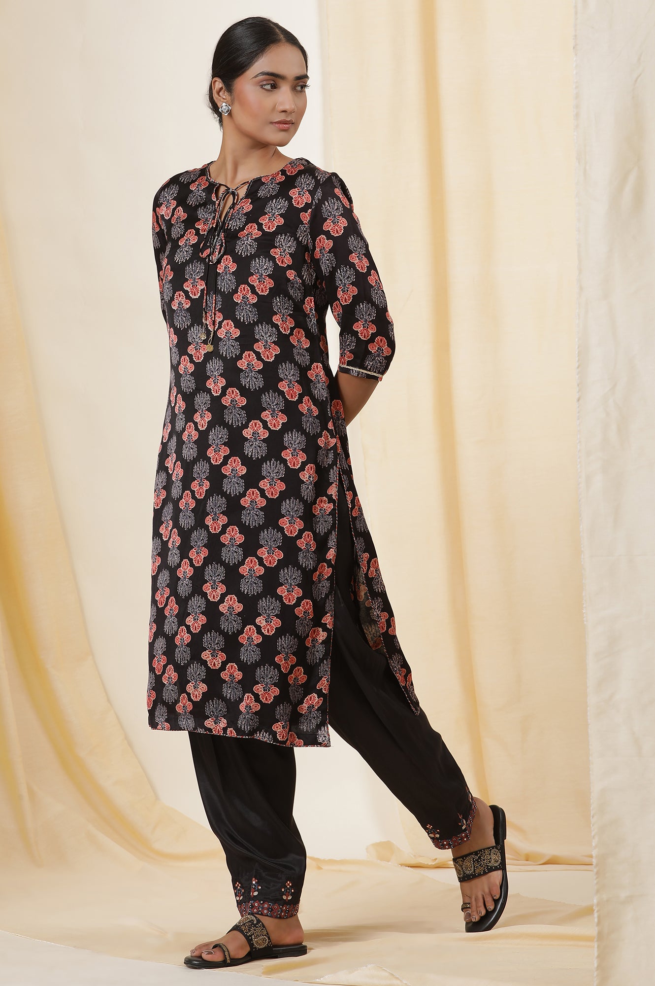 Black Ajrakh Kurta With Neck Tie-Up