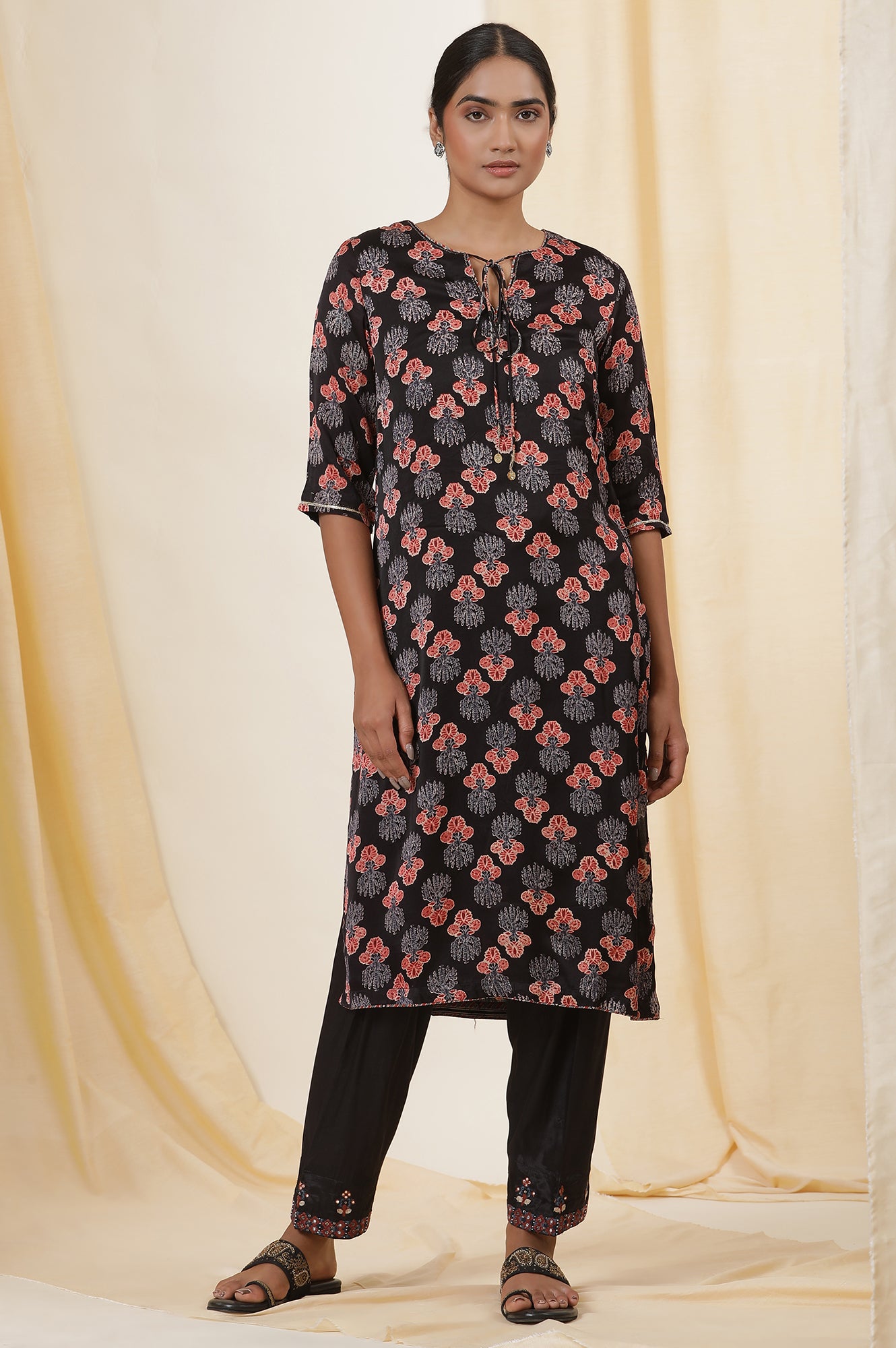 Black Ajrakh Kurta With Neck Tie-Up