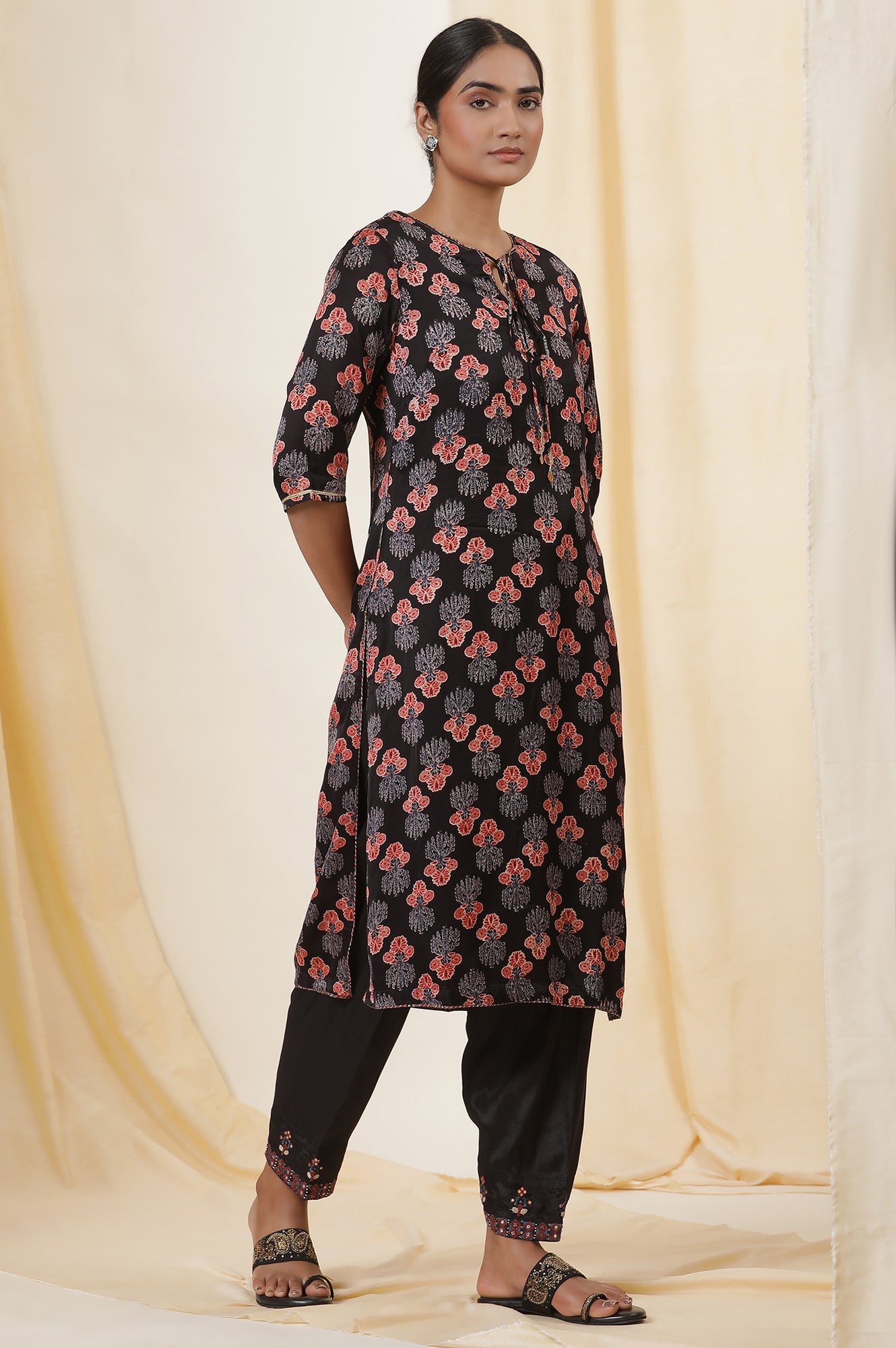 Black Ajrakh Kurta With Neck Tie-Up