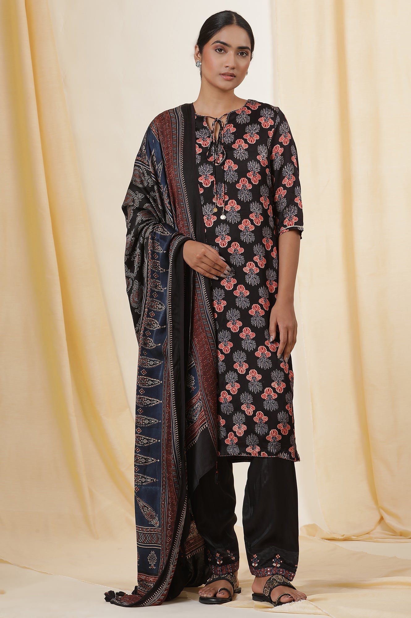 Black Ajrakh Kurta With Neck Tie-Up