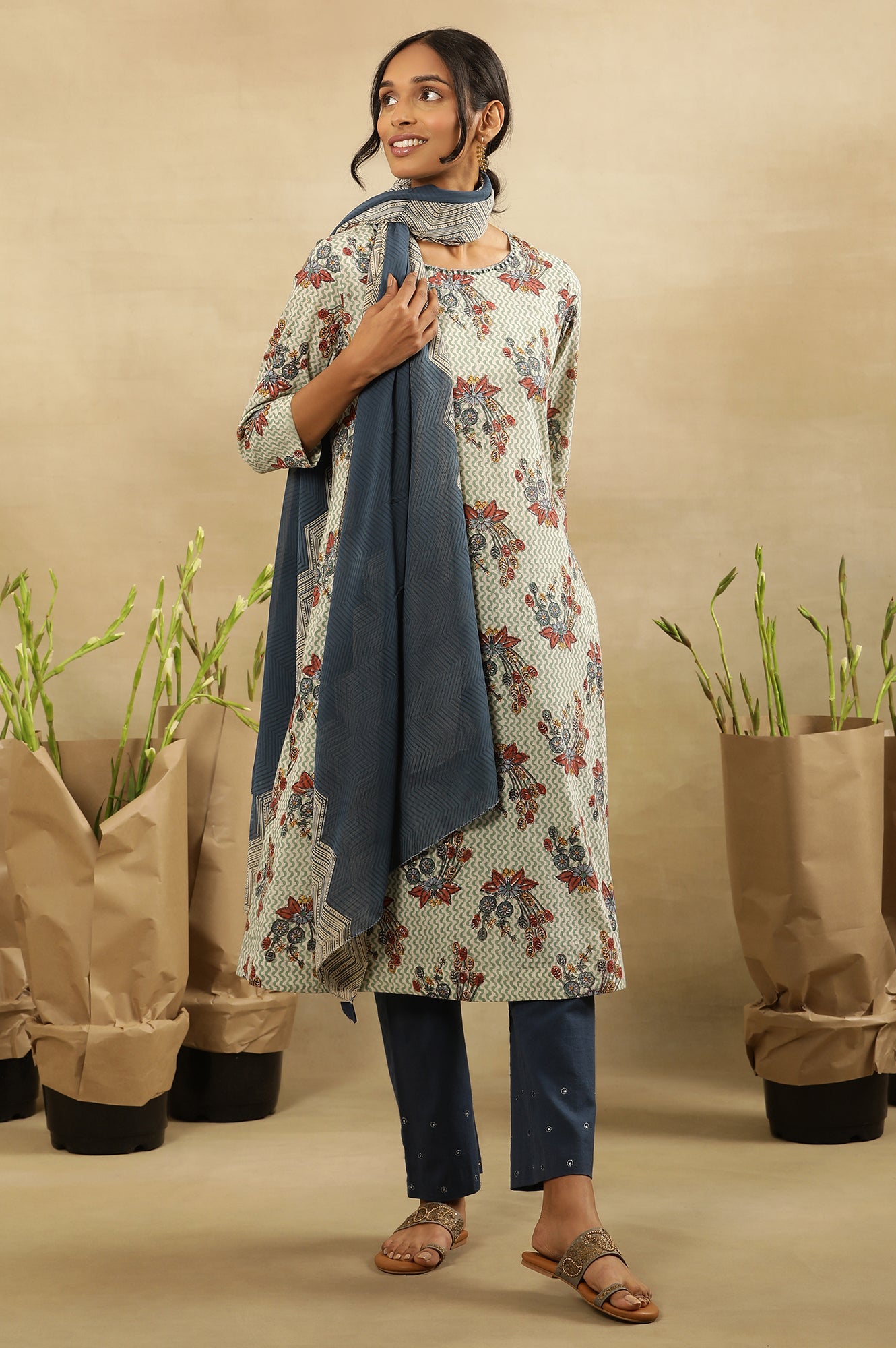 Hand Block Print A-Line Kurta In Cotton Voile