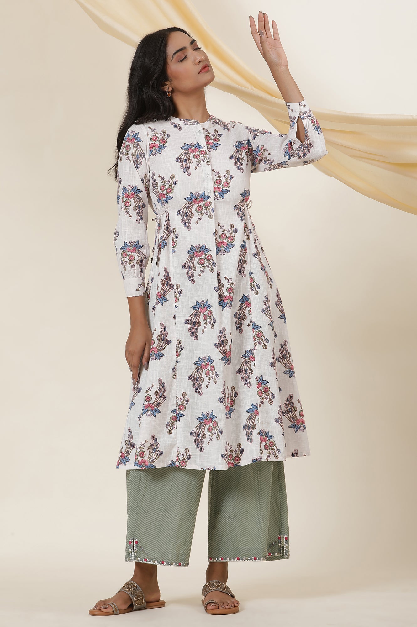 Ecru Block Printed Shirt Dress Kurta With Side Tie-Ups