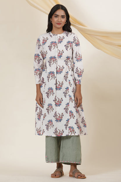 Ecru Block Printed Shirt Dress Kurta With Side Tie-Ups