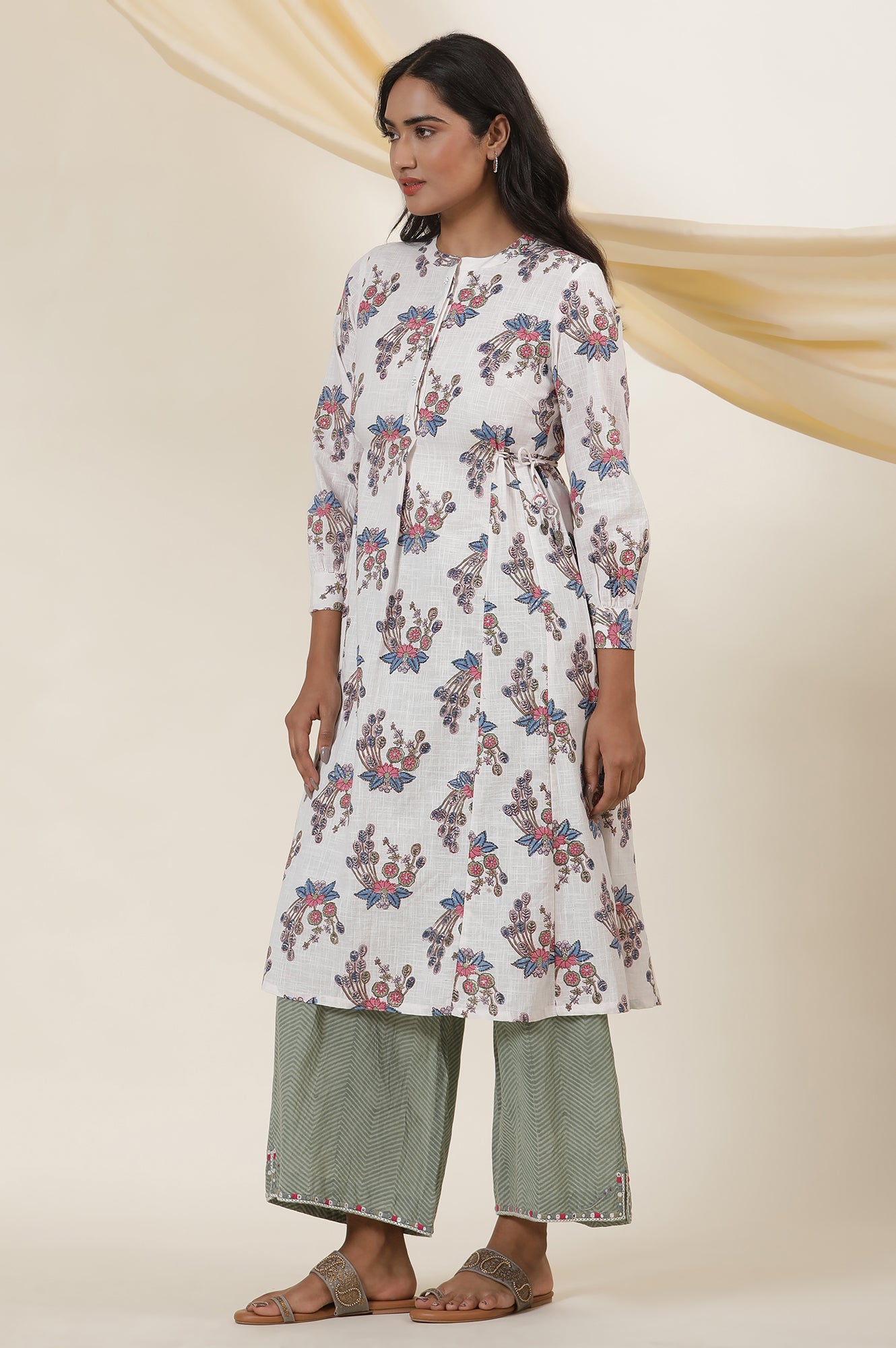 Ecru Block Printed Shirt Dress Kurta With Side Tie-Ups