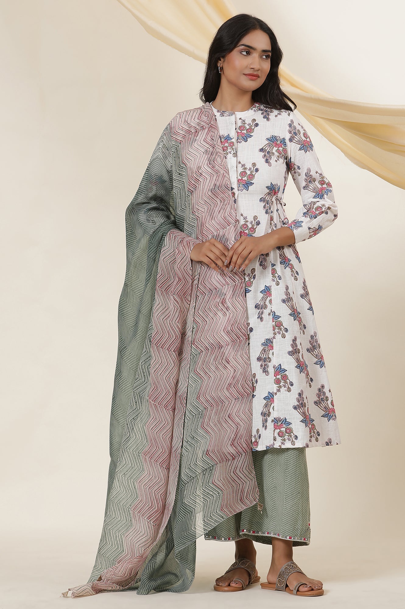 Ecru Block Printed Shirt Dress Kurta With Side Tie-Ups