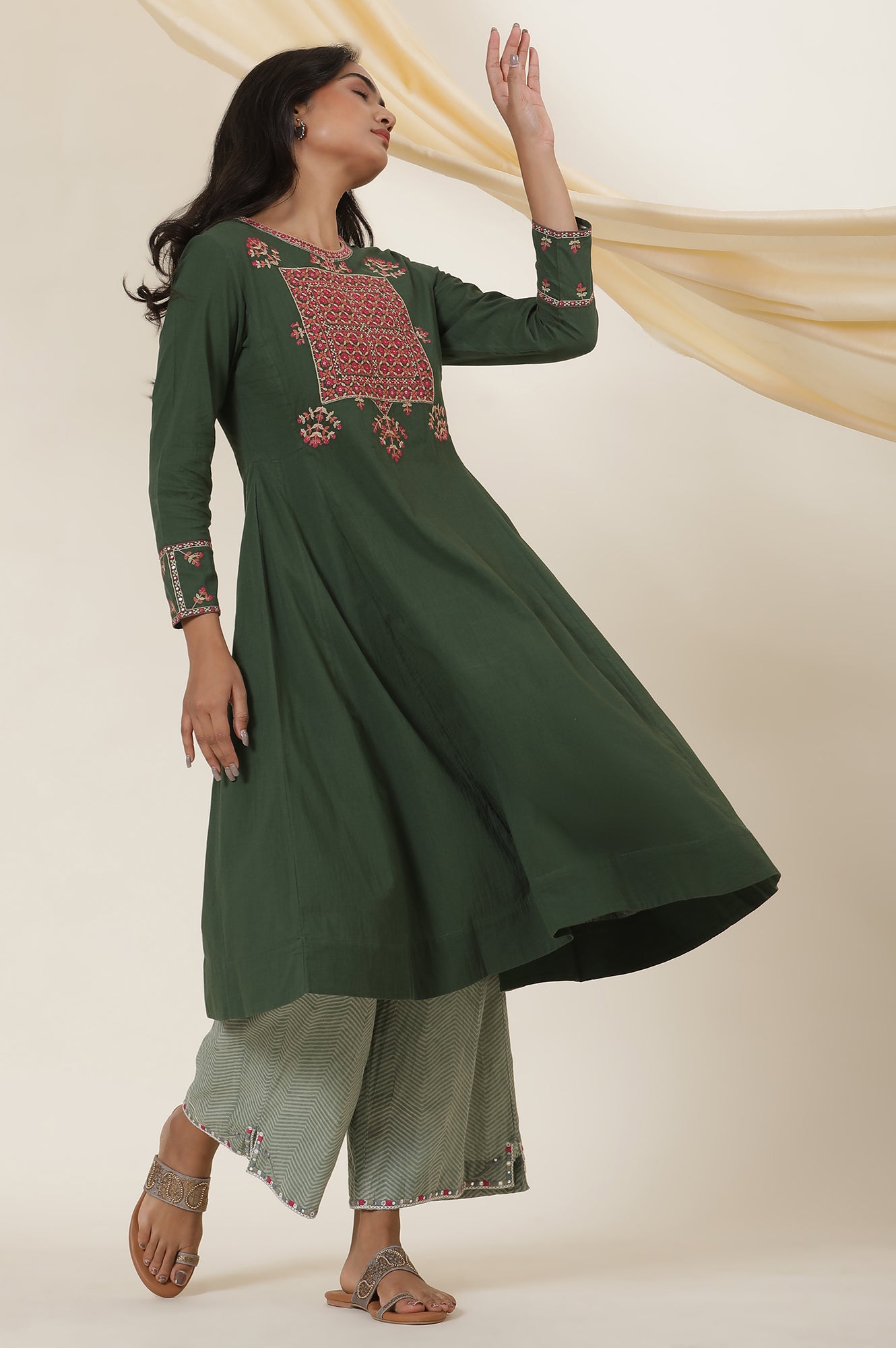 Green Yoke Embroidery Flared Kurta In Cotton Voile